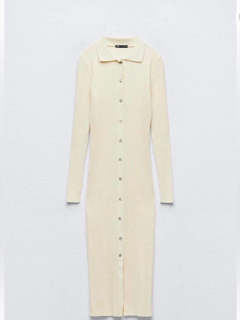 Zara Cream Ribbed Button-Front Midi Dress